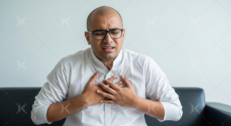 Indian man in a yellow shirt sits clutching his chest in distres