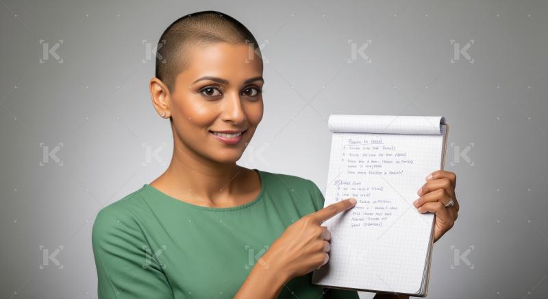 A determined Indian woman in a green top confidently holds and p