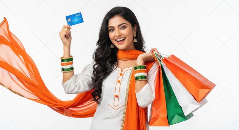A joyful young Indian woman smiles while holding colorful shoppi