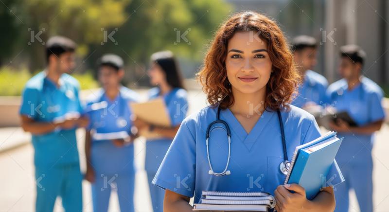 Confident Medical Student Smiling with Peers Outdoors on Campus