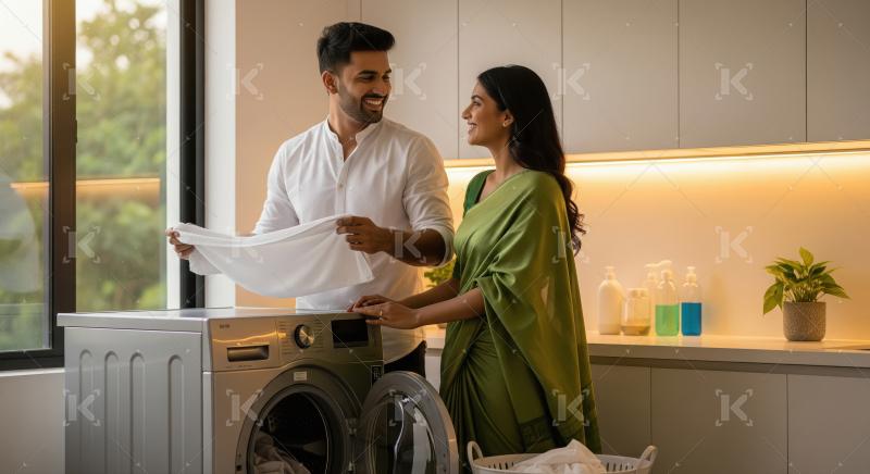 A cheerful couple works together doing laundry in a modern home