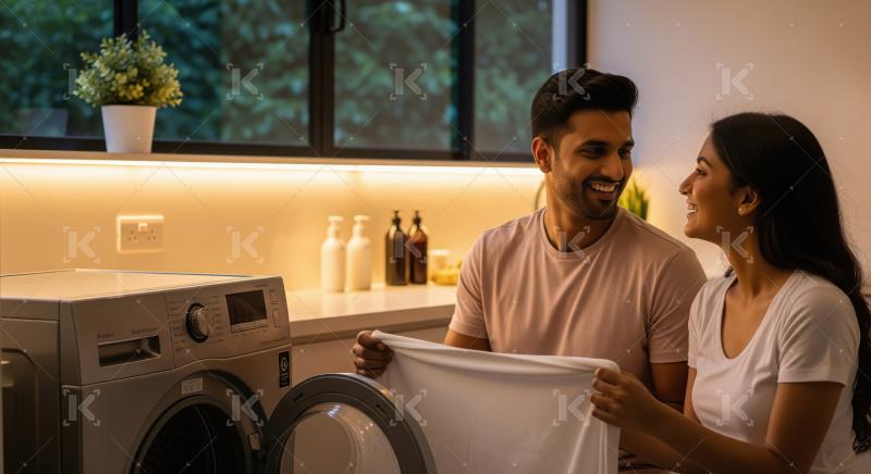 A cheerful couple works together doing laundry in a modern home