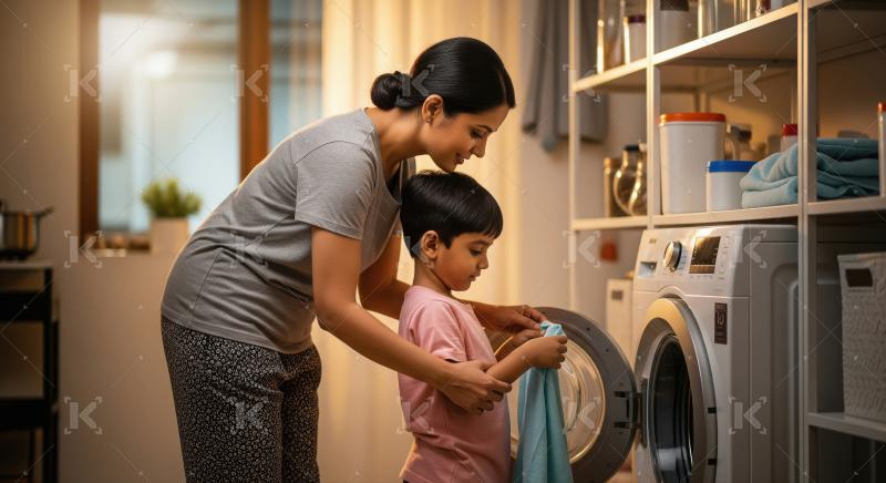 A smiling woman and a little boy work together to load laundry i
