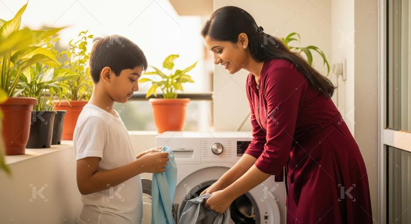 A smiling woman and a little boy work together to load laundry i