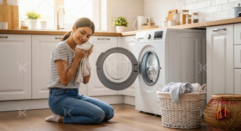 A woman loads laundry into a washing machine in a bright, tidy h