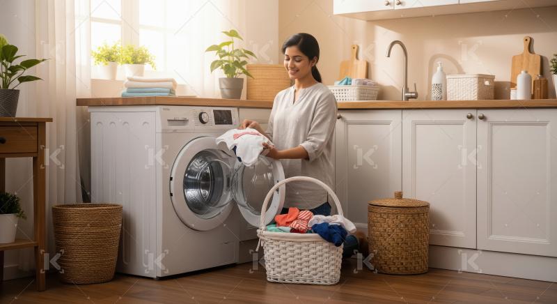 A woman loads laundry into a washing machine in a bright, tidy h