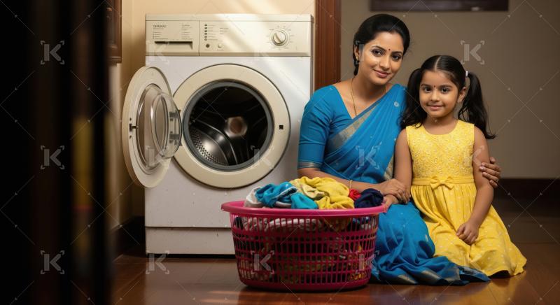 A smiling mother sits beside her daughter with a full laundry ba