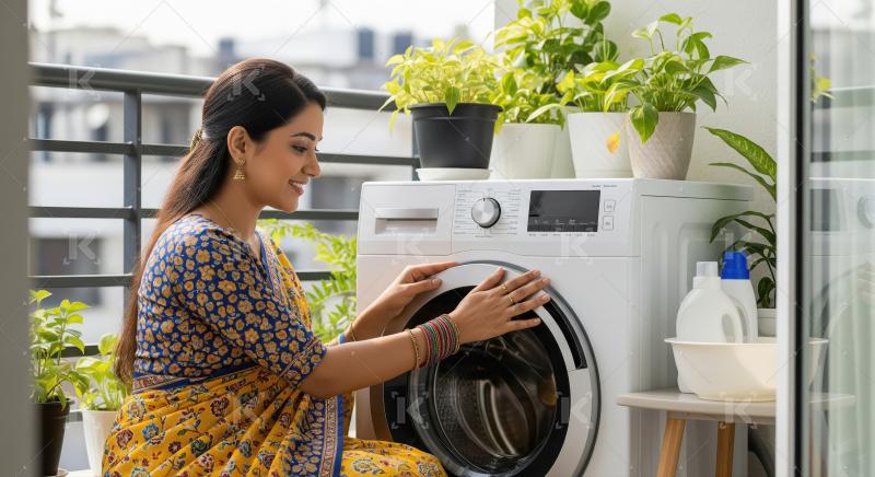 A woman loads laundry into a washing machine in a bright, tidy h