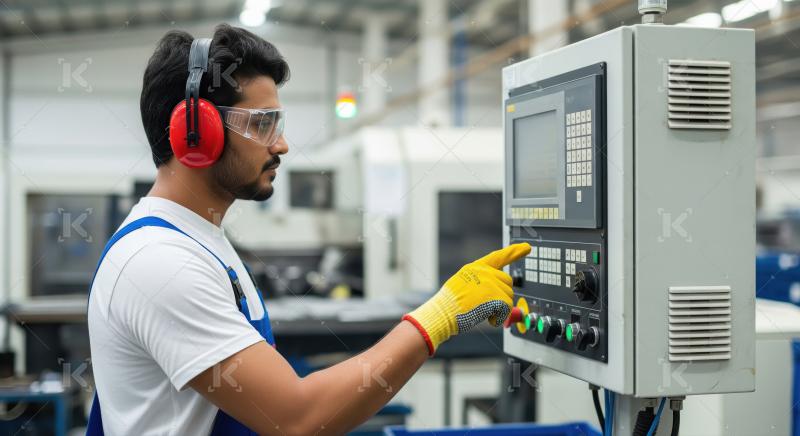 Focused Engineer Operating Industrial Machine Control Panel in F