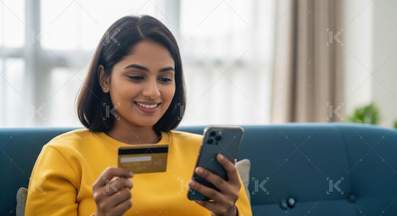Young Indian woman sits indoors,holding a gold credit card and s