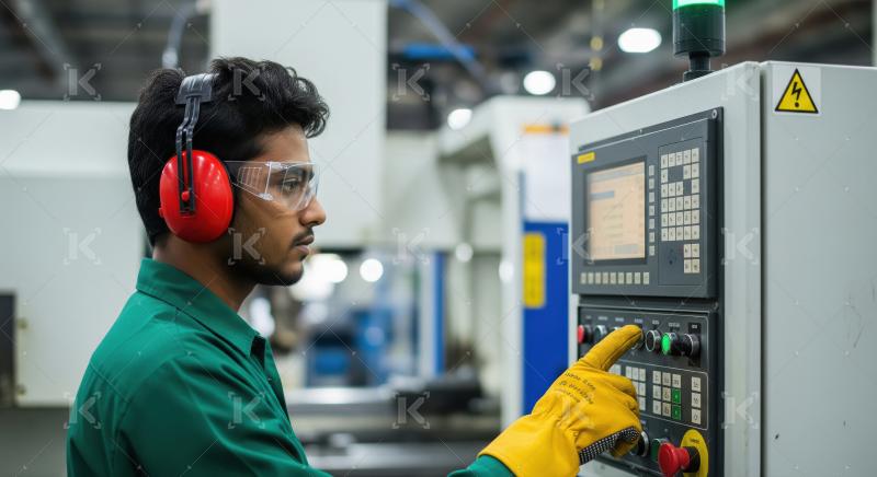 Worker Operating Industrial Machine with Safety Gear in Factory