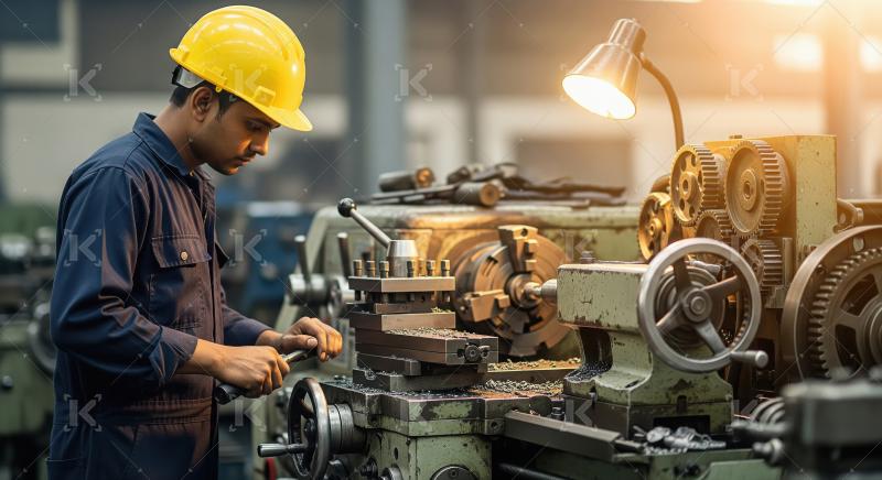 Skilled Machinist Operating Heavy Metal Lathe Machine