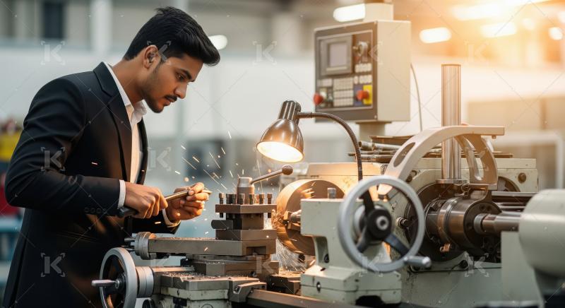 Young Engineer Operating Lathe Machine with Sparks in Workshop