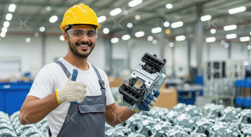 Smiling Industrial Worker Holding Component, Giving Thumbs Up