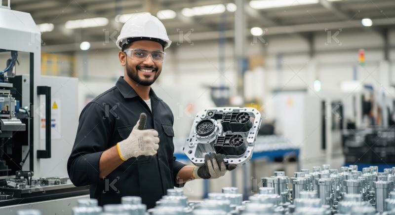 Smiling Engineer Holding Manufactured Part, Giving Thumbs-Up in