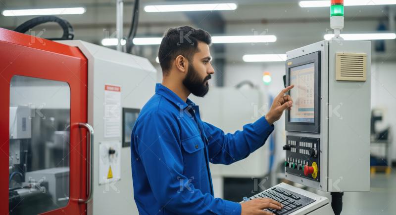 Focused Engineer Operating CNC Machine Control Panel in Factory