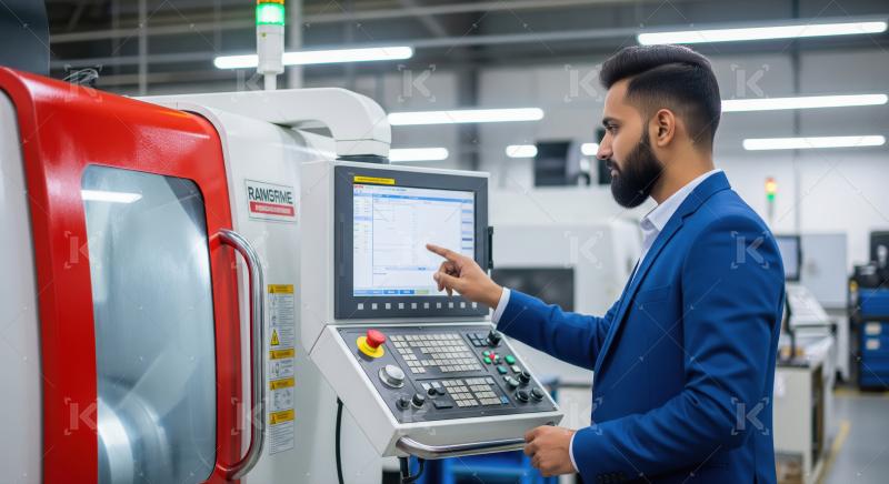 Engineer operating CNC machine in modern manufacturing facility