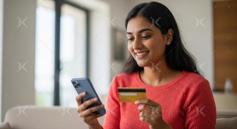 Young Indian woman sits indoors,holding a gold credit card and s