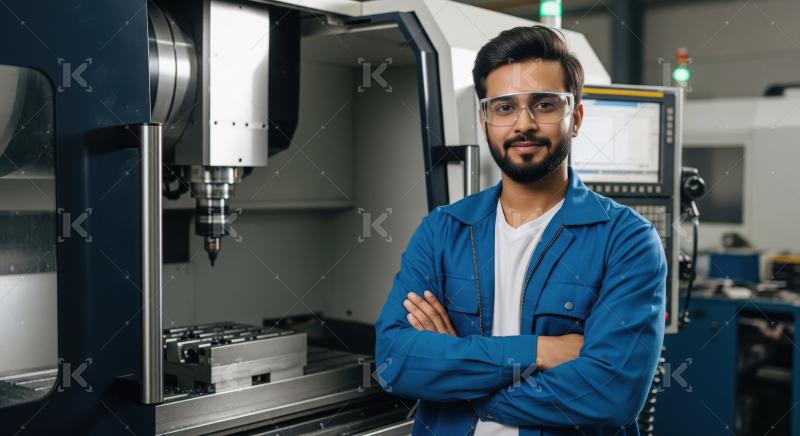 Young Engineer Poses Confidently in Modern CNC Machine Workshop