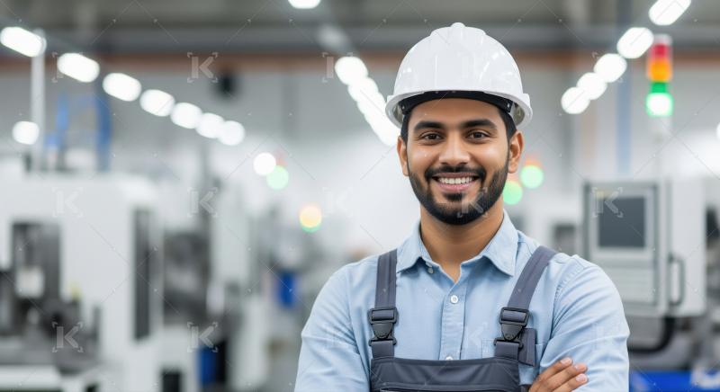 Confident Young Engineer Smiling in Modern Manufacturing Facilit