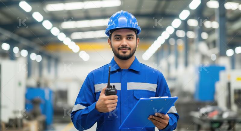 Young Male Engineer with Walkie-Talkie and Clipboard in Factory