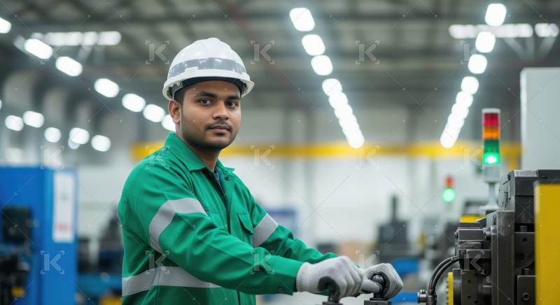 Indian Engineer Operating Machinery in Modern Industrial Factory