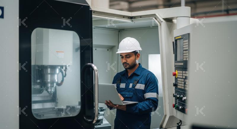 Engineer Operating CNC Machine with Laptop in Factory