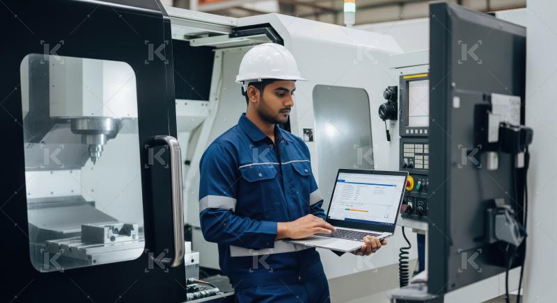 Engineer Monitoring CNC Machine Operations with Laptop