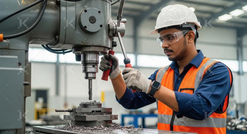 Factory worker operating a drill press machine in an industrial