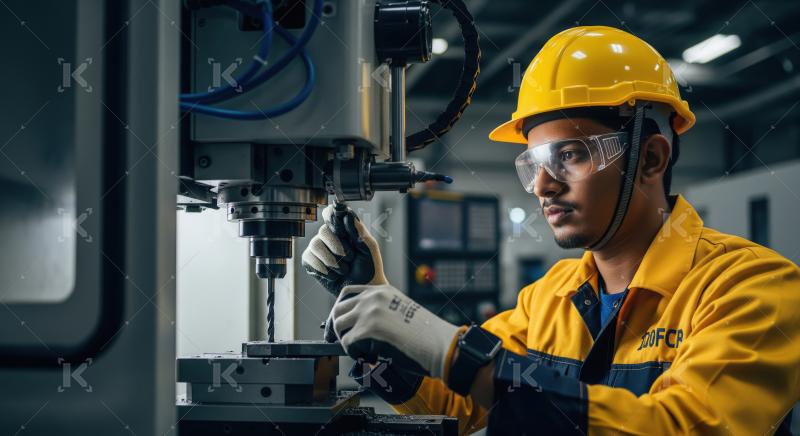 Focused Engineer Operating Industrial Drilling Machine in Worksh