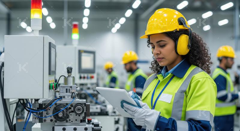 Female Engineer Inspecting Machinery with Tablet in Modern Facto