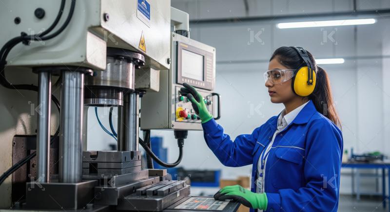 Female Engineer Operating Industrial Machine in Modern Factory