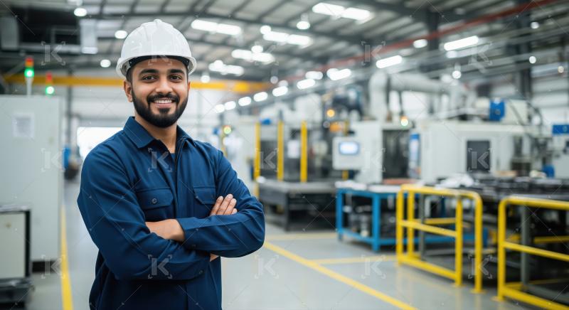 Confident Male Engineer Posing in a Modern Factory