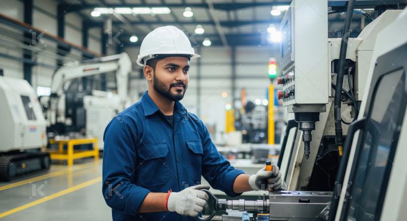 Young Indian Engineer Operating Industrial Machine in Modern Fac