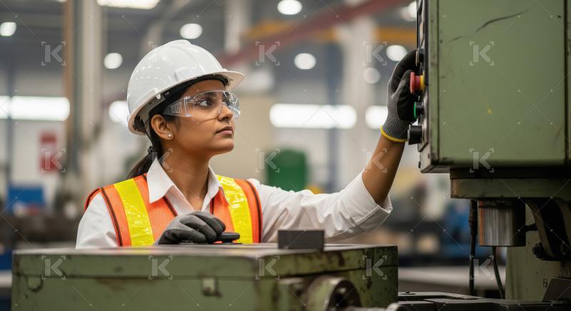 Focused Female Engineer Operating Factory Machinery Safely