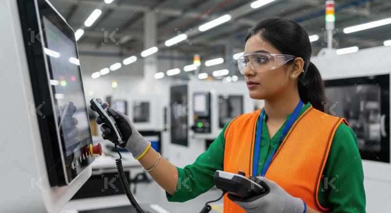 Young Indian Female Engineer Operating Advanced Machinery in Fac