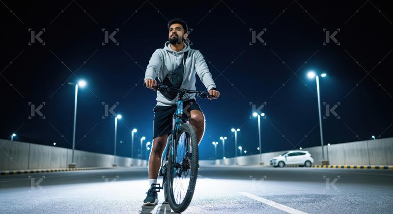 A young man in a grey hoodie rides his bicycle confidently on a