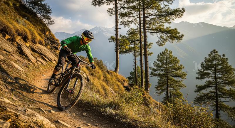 A cyclist rides his bike along a deserted scenic road, surrounde