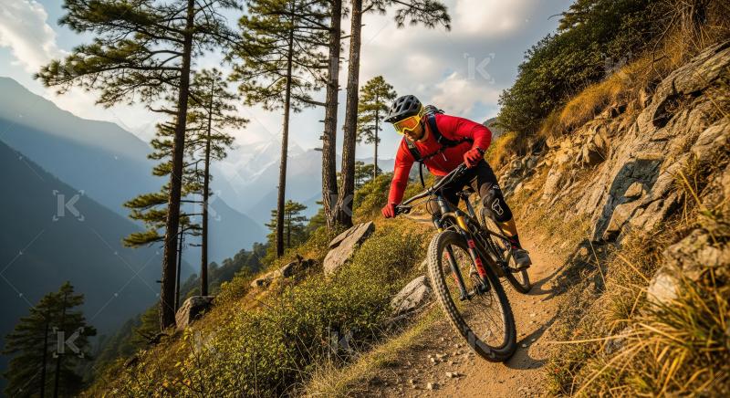 A cyclist rides his bike along a deserted scenic road, surrounde