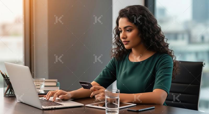 Young businesswoman sits at her desk in a sunlit office, holding
