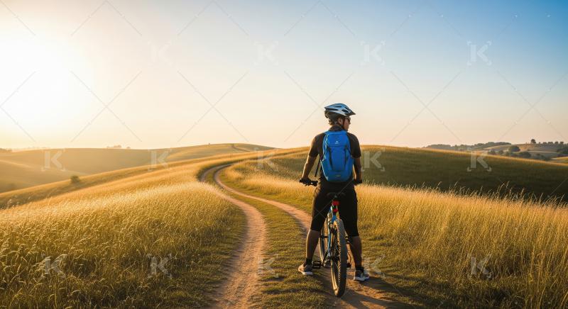 A cyclist rides his bike along a deserted scenic road, surrounde