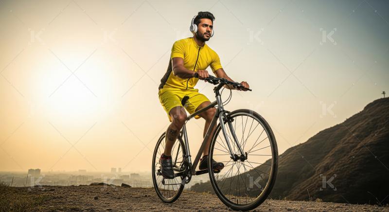 A cyclist rides his bike along a deserted scenic road, surrounde