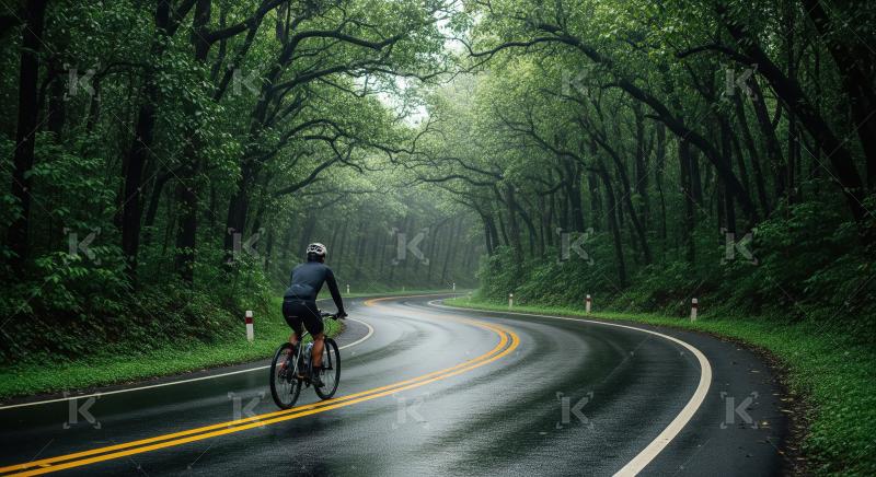 A cyclist in dark attire rides along a winding wet road surround