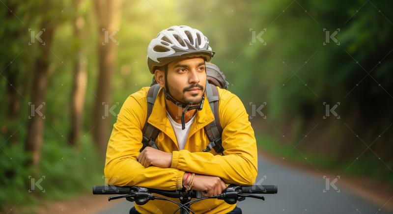 A cyclist in a yellow jacket and helmet pauses with folded arms