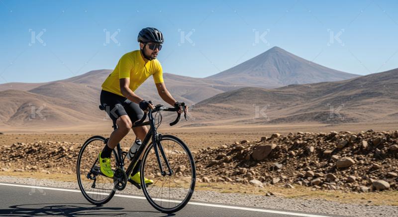 A cyclist rides his bike along a deserted scenic road, surrounde
