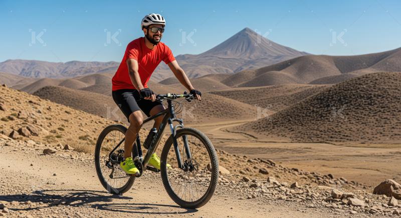 A cyclist rides his bike along a deserted scenic road, surrounde