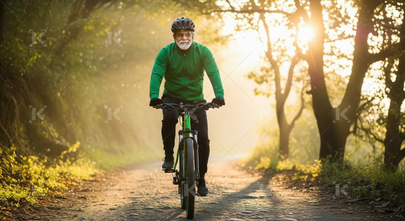 Senior man cycles through a forest trail at sunrise, surrounded