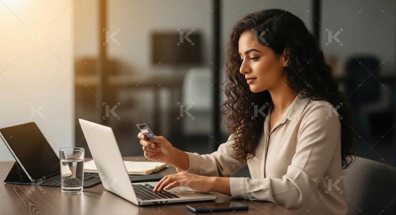 Young businesswoman sits at her desk in a sunlit office, holding