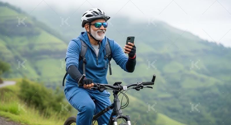 A cyclist in a blue tracksuit and helmet rides through scenic gr