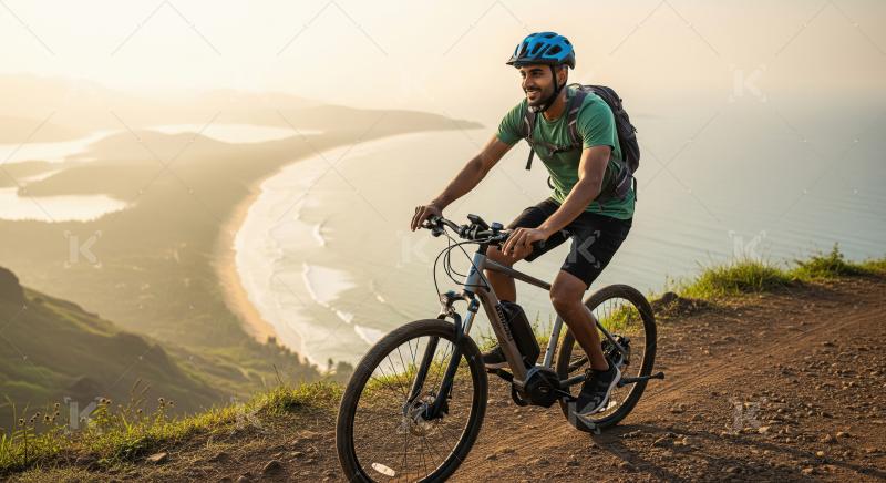 A cyclist rides his bike along a deserted scenic road, surrounde